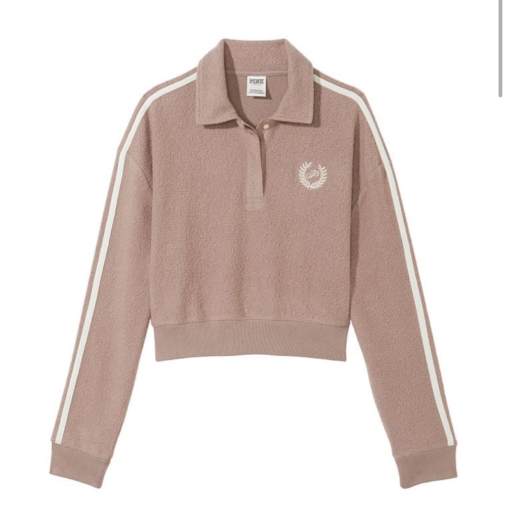 PINK Victoria’s Secret Reverse Fleece Cropped Polo Sweatshirt